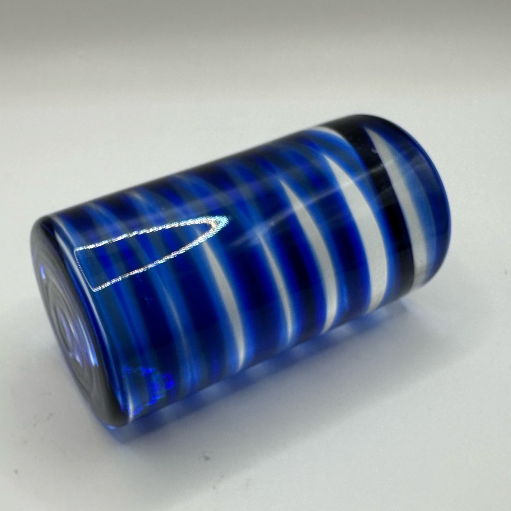 SOLD Unique CYLINDER PAPERWEIGHT Ribbons Of Cobalt 4” Wide